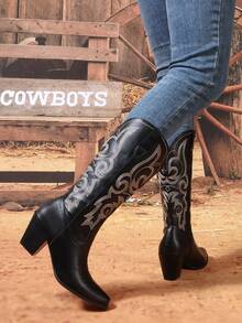 西部风格TPU刺绣系带侧拉链时尚靴，适合度假和所有季节 - 黑色 - 查看 4