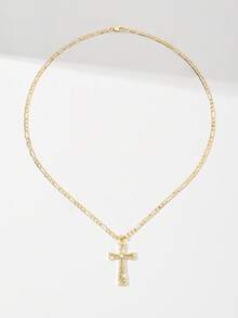 1pc Classic European Style Copper Inlaid Zirconia 8-Shaped Jesus Cross Pendant Necklace, Limited Edition "Light Of Protection", Suitable For Christmas, Thanksgiving, Halloween, Mother's Day, Valentine's Day, Friends, Church Members, First Holy Communion, Gift, Daily & Holiday Wear, Prayer - Yellow Gold - View 4