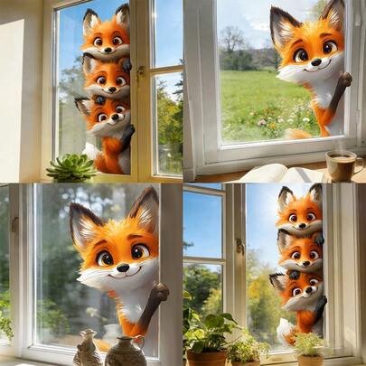 1/2片趣味卡通狐狸窗贴，可重复使用的PVC静电吸附动物贴纸，适用于装饰儿童房、浴室和客厅。艺术隐私膜。
