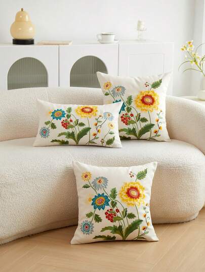 1pc 3D Embroidered Daisy & Sunflower Decorative Throw Pillow Cover, Versatile For Living Room, Bedroom, Party, Sofa And More, Suitable For Spring/Summer