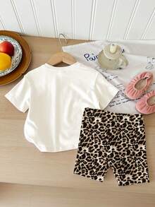 Baby Girl Letter Print Short Sleeve T-Shirt And Leopard Print Shorts Casual Outfit - White - View 2
