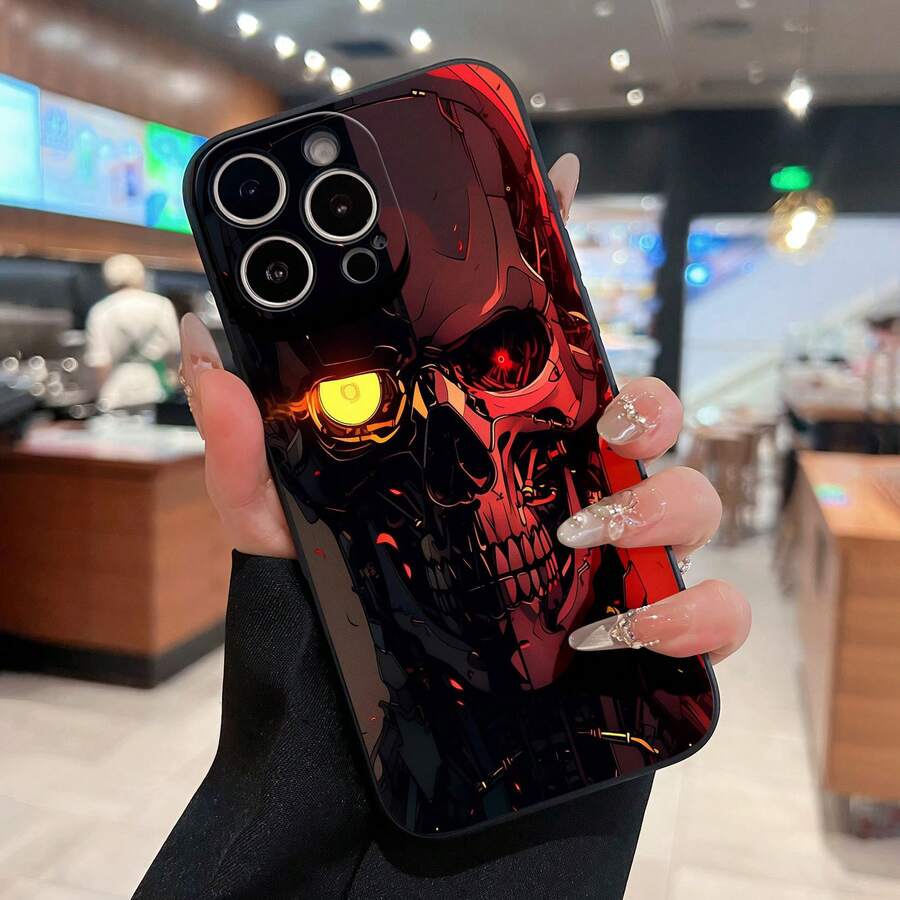 Calavera cibernética con ojos brillantes y una presencia amenazante. Esta elegante funda para teléfono es compatible con Samsung, Apple, OPPO, , etc. Fabricada en TPU flexible, resistente a golpes y arañazos, ofrece una excelente protección contra caídas y un agarre cómodo. Es un regalo ideal para familiares, amigos y seres queridos, y una opción perfecta para festivales, fundas para iPhone, San Valentín y artículos de . - Negro - Ver 1