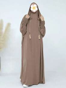 Women's Long Brown Polyester Prayer Robe With Hood And Ruched Cuffs - Hooded Drawstring Robe - View 17