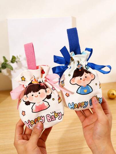 5pcs Kids Boys & Girls Baby Plush Tote Bags, HappyBaby Themed Gift Packaging Bags For Baby Shower, Birthday, 100 Days Celebration, Graduation, Candy Bags, Pink For Girls, Blue For Boys