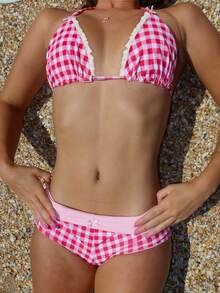 Women's Y2k Gingham Bow Bikini Set 2 Piece Bikini Shorts Sets Halter Triangle Boyshort Swimsuit Swimwear Cute Plaid Swimwear With Boyshorts - 紅色 - 查看 3