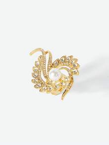 Opalesca 1pc French Fashion Feather Designed Faux Pearl Open Ring With Inlaid Rhinestones - Yellow Gold - View 4