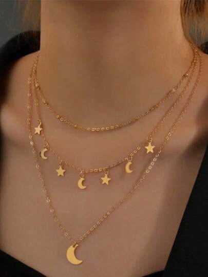 1 pieza Collar de 3 capas con borlas con estrellas y lunas, collar de clavícula minimalista y nuevo, adecuado para uso diario, Ramadán, Día de San Valentín