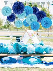 15个蓝色纸花花环，纸花球装饰，婚礼派对装饰，6英寸、8英寸、10英寸纸花球悬挂装饰，海洋主题派对生日装饰，毕业典礼，婴儿派对，婚礼订婚派对纸花球天花板悬挂装饰，家居装饰 - 藍色 - 查看 10