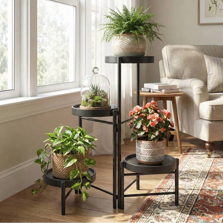 Multi-Layer Floor Plant Stand, Space-Saving Luxury Flower Pot Rack, Creative Freestanding Plant Shelf For Living Room & Home Décor - Black - View 1