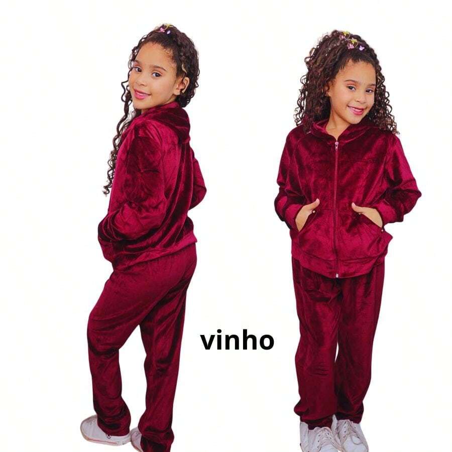 Children's/Teenager's Winter Set: Hooded Sweatshirt With Zipper + Pants, Plush Velvet Fabric, Sizes 4 To 14 - 酒紅色 - 查看 1