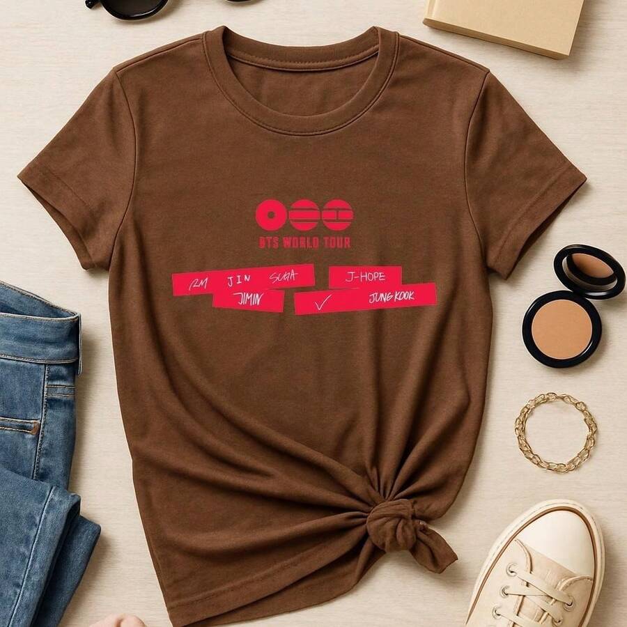Tour 2026 Show T-Shirt, Basic Cotton Short Sleeve Kpop Korean Unisex Premium Top, Various Colors - 鏽棕色 - 查看 1