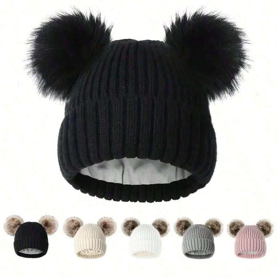 1pc Adult Women's Cute Pom Pom Cuffed Knit Hat - Soft, Windproof And Warm, Suitable For Cycling/Everyday Wear In Autumn/Winter - Black + Black Ball - View 1