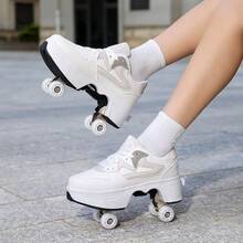 1 Pair Street Style 4-Wheel Inline Skates, PU Wheels Roller Skates, Retractable Lace-Up Roller Shoes For Teens & Adults - Khaki - View 2