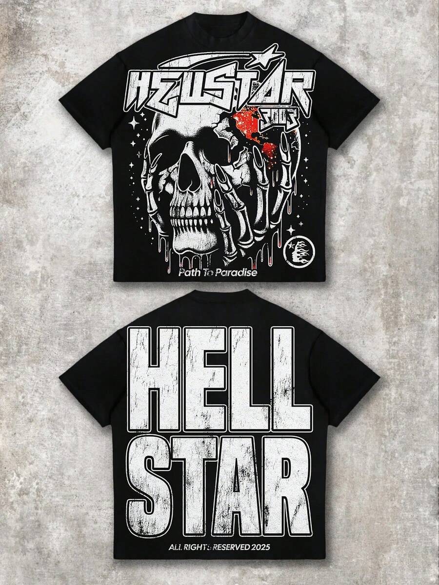Hell Star Paradise Skull Flame Distressed Oversized Graphic Tee Men's Short Sleeve Pure Cotton T-Shirt Loose Fit, Y2K Streetwear Vintage Casual Punk Gothic Aesthetic Baggy 100% Cotton Pullover Gift - Black - View 1