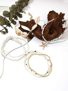 7pcs/Set Women Star & Pearl Anklet Set, Charming Anklet, Handmade Jewelry Accessories, Summer Beach Decor Gift - Beige - View 2