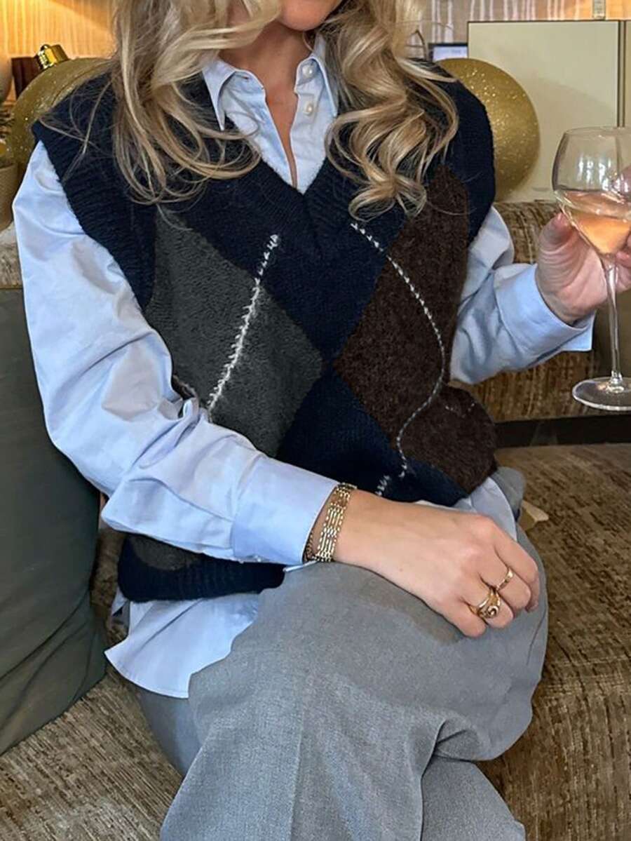 Live To Mo Spring Outfit Women Casual Rhombus V-Neck Knit Vest Top Preppy Old Money , Perfect For Office Going Out Tops - Navy Blue - View 1