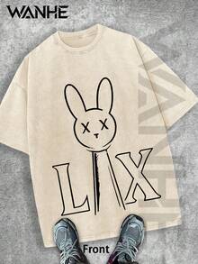 WANHE Single-Piece Pack |Double-Sided Printing Couples' Wear For Him & Her - Perfect Gift For Christmas, New Year's Day, 2026 New Year, Valentine's Day, Independence Day And Easter-Dark Gray T Shirt With Bunny And Lix Print Front Benito Owl Back Streetwear Style Graphic Tee For Men Urban Fashion  Casual Wear Hip Hop Culture Outfit - 杏色 - 查看 2