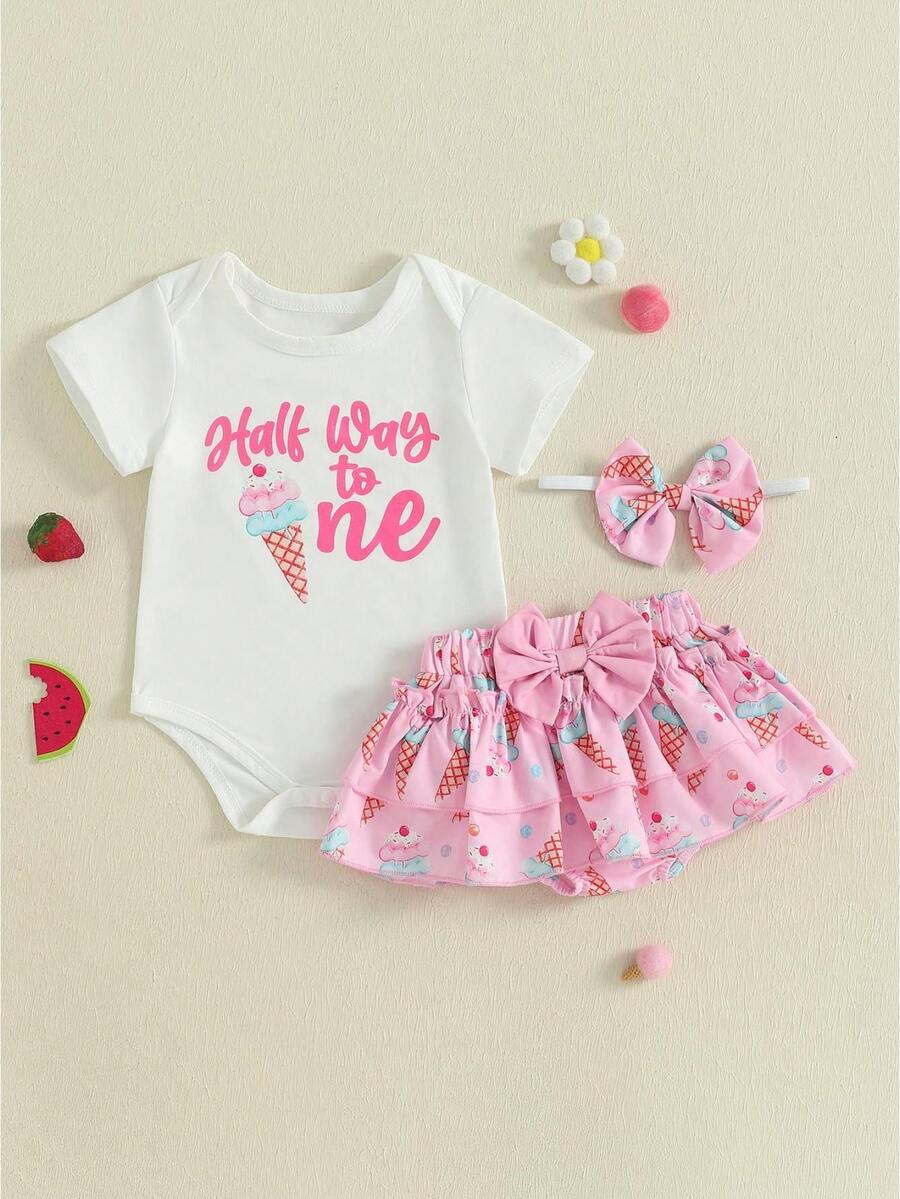 Half Way To One Newborn Baby Girls Birthday Outfits Letter Print Romper Bodysuit Top + Strawberry/Ice Cream/Orange/Watermelon Print Shorts + Bow Headband 3Pcs Clothes Set - 珊瑚粉 - 查看 1
