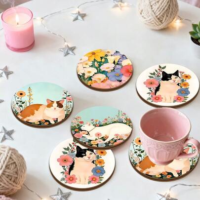 4pcs/Set Floral Cat Coasters, Artistic Style Mug Coasters, Suitable For Teacups And Coffee Cups, Perfect For Kitchen And Dining Room Decor, Country-Style Home Decoration, And A Unique Gift For Animal Lovers.