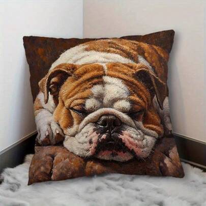 1个英式斗牛犬图案抱枕套 - 17.7*17.7 英寸，单面印花，逼真的斗牛犬脸部设计，现代风格抱枕套，适用于客厅、卧室、扶手椅、办公室、宿舍、汽车装饰，宠物爱好者礼物，现代狗狗家居装饰，沙发配件，装饰枕（不含枕芯）
