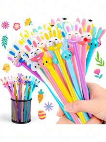 10支装 - 快乐复活节彩蛋兔子造型直杆中性笔，卡通创意可爱复活节圆珠笔，复活节卡通兔子中性墨水笔，教师办公用品，新奇学习用品，复活节礼物，成人男女通用家庭教育期末考试课堂书写办公签名专用书写笔，书写笔文具套装，节日文具礼品，返校季礼物 - 彩色 - 查看 1