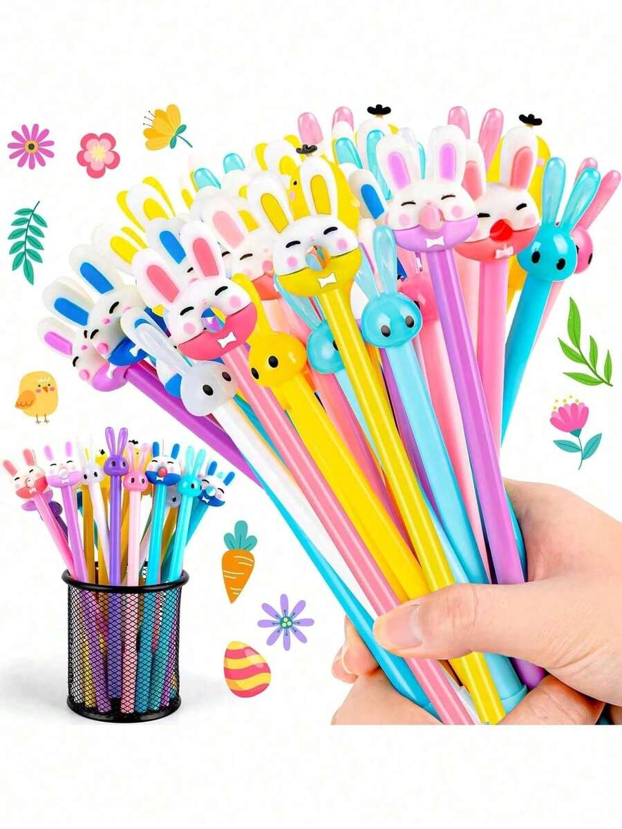 10支装 - 快乐复活节彩蛋兔子造型直杆中性笔，卡通创意可爱复活节圆珠笔，复活节卡通兔子中性墨水笔，教师办公用品，新奇学习用品，复活节礼物，成人男女通用家庭教育期末考试课堂书写办公签名专用书写笔，书写笔文具套装，节日文具礼品，返校季礼物 - 彩色 - 查看 1