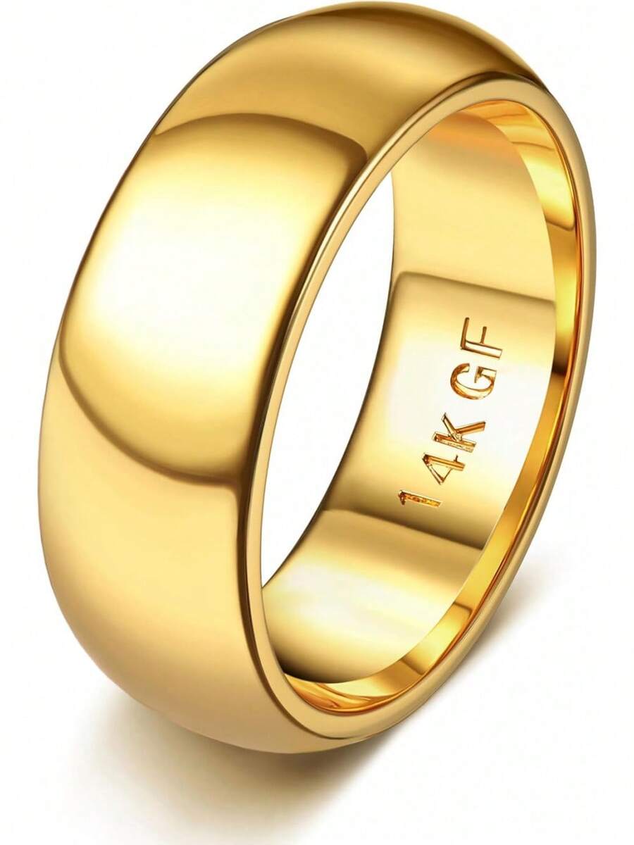 14K Gold Filled Non Tarnish Ring For Women Men - Plain Domed Comfort Fit Pinky Thumb Wedding Band Size 6-10 - 14K鍍金-8毫米 - 查看 1