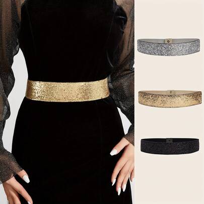 女士优雅金色亮片弹力腰半身裙 - 闪亮腰带搭配喇叭裙摆，适合连衣裙、婚礼宾客、日常穿着 - 休闲连衣裙半身裙