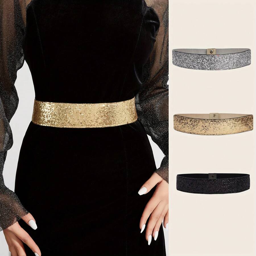 女士优雅金色亮片弹力腰半身裙 - 闪亮腰带搭配喇叭裙摆，适合连衣裙、婚礼宾客、日常穿着 - 休闲连衣裙半身裙 - 經典型 - 查看 1