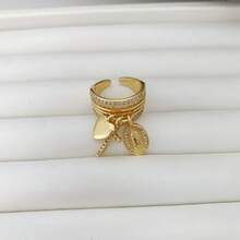 1pc New Style Side-Set Heart & Cross Religious Pendant Ring, Multi-Circle Adjustable Open Ring With Pave Zirconia Stones - Gold - View 4