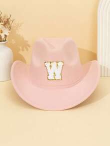 1pc Unisex Children's Letter Decor Pink Felt Brimmed Hat, 26 Letters Available, American Western Cowboy Style, Outdoor Casual Sun Hat For All Seasons, Suitable For Daily Wear, Parties, Outdoor Activities, Children's Gift - Pink - View 42