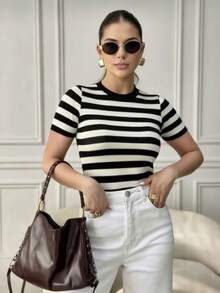 Modal Striped Short Sleeve Blouse With High Quality Elasticity - màu đen - Xem 1