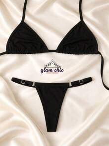 Women's Bikini With Adjustable Side Tape, Triangle Style, No Padding, Simple Knot, For Vacation/Beach - 黑色 - 查看 2