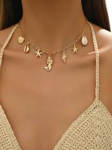 1 pieza Collar colgante con tema oceánico de estrella de mar y concha de estilo vacacional en la playa, uso versátil diario - Amarillo Oro - Ver 15