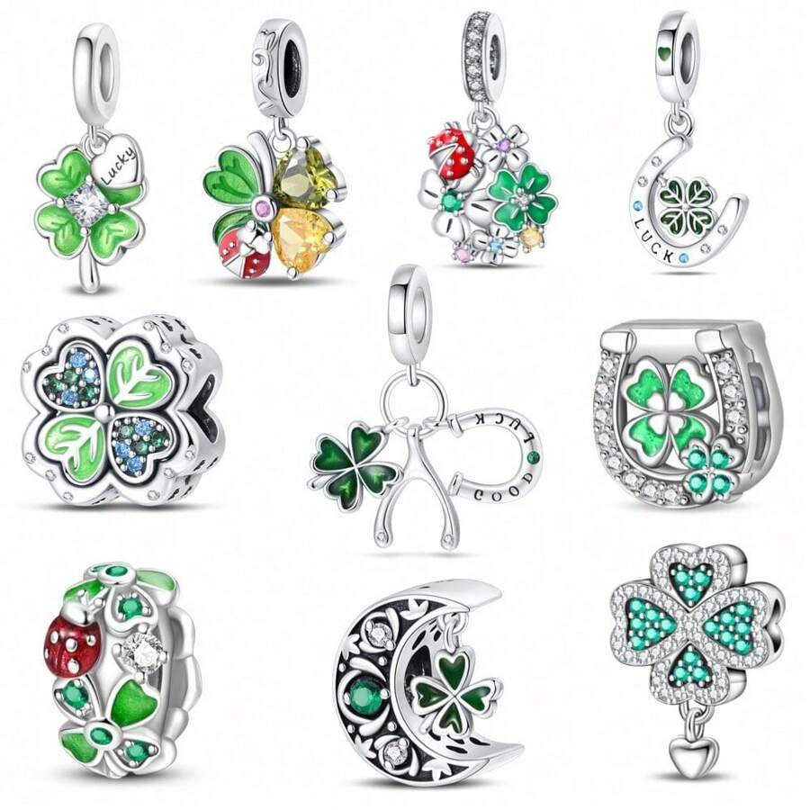 1 Silver-Plated Bead Pendant, Perfect For Crafting Various Charms: Lucky Four-Leaf Clover Pendant, Creative Animal - Lucky Four-Leaf Clover Pendant, Springtime - Fresh Four-Leaf Clover Zirconia Pendant, Lucky Four-Leaf Clover Bead - Multicolor - View 1