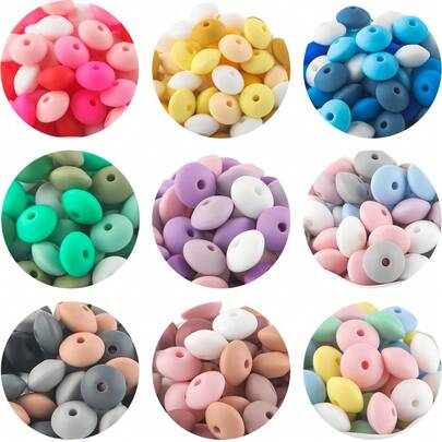 50颗混合硅胶扁豆珠，5种颜色，12毫米钥匙扣硅胶珠，项链手链硅胶珠母粒，笔用硅胶隔珠