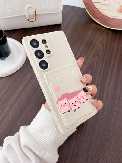 1pc White TPU Solid Color Shockproof Phone Case And 1pc White Pig Illustration Pattern Sticker Card Holder 2-In-1 Fashion Versatile Creative Phone Case, Suitable As Birthday, Holiday, Anniversary Gift For Girlfriend/Boyfriend, Best Friend, Spouse, Family, Coworker, Student, Teacher, Compatible With Android// Phones