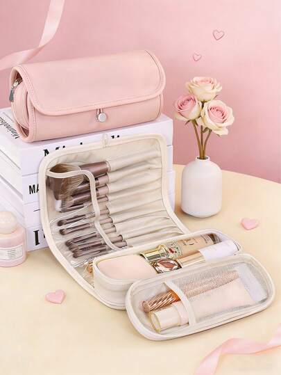 1pc INS Style Elegant Multi-Functional Makeup Bag, Makeup Brush Organizer, Multi-Compartment Design, Foldable, Professional Large Capacity Storage Bag, Portable For Travel, Cosmetic Tools, Makeup & Skincare Products, Gift For Holidays, Valentine's Day