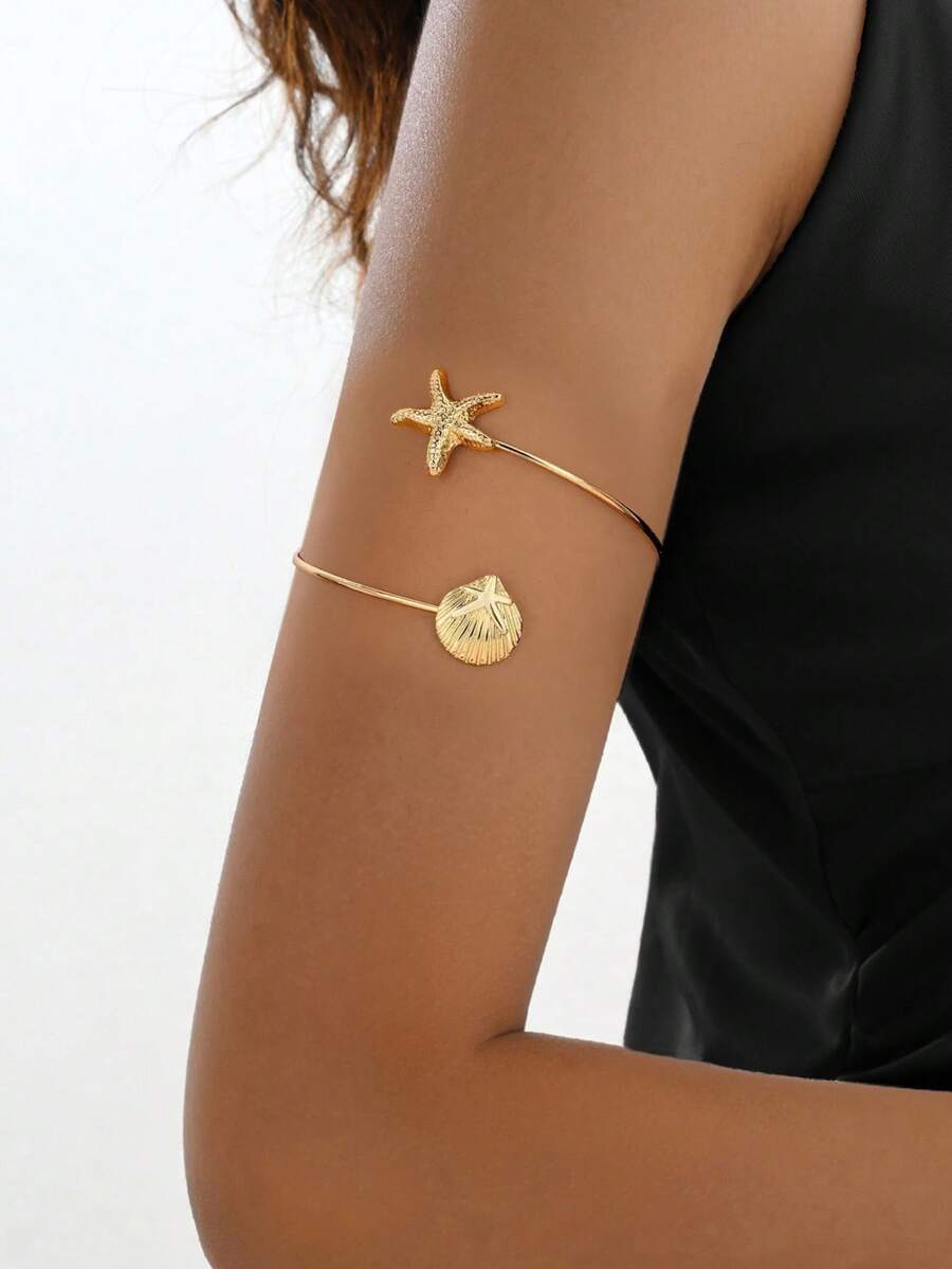 1 pieza Brazalete de brazo con estrella de mar dorada, concha y caracol de estilo oceánico para mujer, accesorio de verano para vacaciones en la playa - Dorado - Ver 1