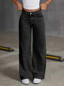 Women's Winter Wide-Leg Jeans Pants - Loose-Fit A-Line Trousers With Full-Length Length, Straight Leg (Machine Washable) - Urban Casual Winterwear For Fall And Winter, A Gift For My Beloved, Valentine's Day Gifts For Wives And Girlfriends - Màu xám không gian thoải mái hơn - Xem 2