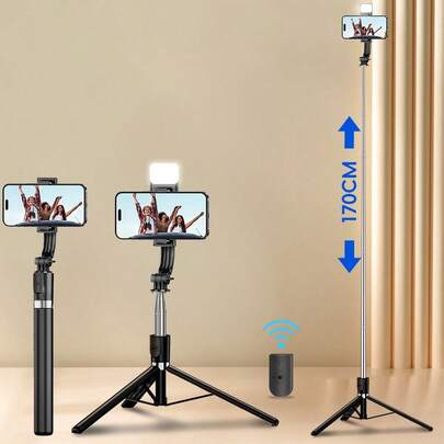 Gậy selfie Bluetooth mới 1.7m, điều khiển từ xa không dây 10m, giá đỡ điện thoại xoay 360° và có thể tháo rời, khung gia cố, chân đế ba chân ổn định, thiết bị phát trực tiếp, chất liệu hợp kim, có đèn LED chiếu sáng, chiều dài có thể điều chỉnh, tương thích với iPhone 17/16/15/14/13/12, S25/S24/S23/S22/S21/S20 và máy ảnh DSLR.