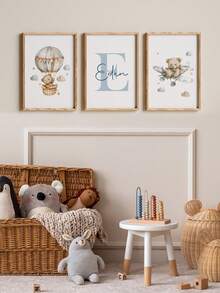 3 件套定制姓名印刷海报，个性化睡熊，蓝云月亮动物印花墙画，儿童房装饰，男孩卧室，生日礼物，无框，旅行收纳 - 藍色 - 查看 4