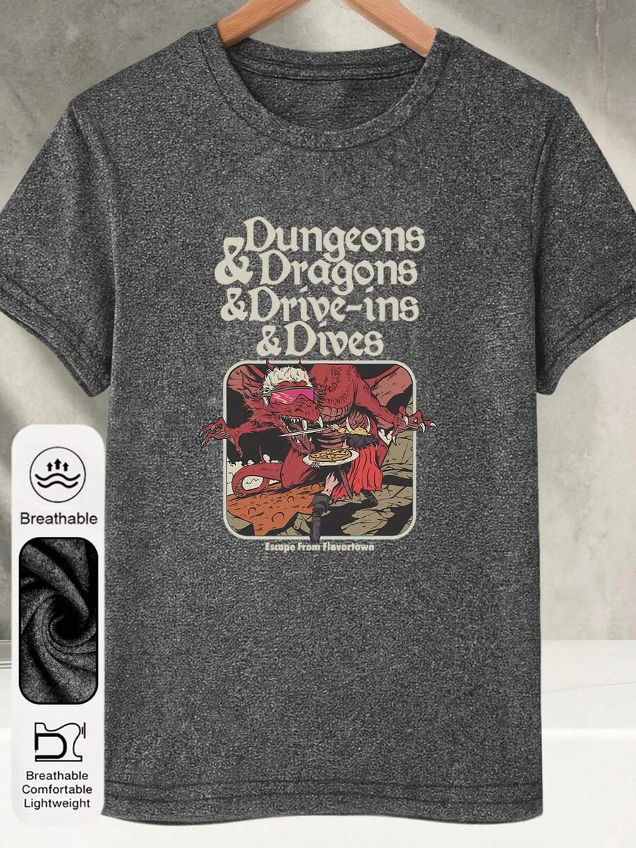 女士日常龙图案时尚眼镜圆领短袖休闲夏季女式上衣，战士披萨图案女士深灰色T恤 - 深灰色 - 查看 1