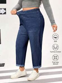 Plus Size Washed Denim Pocket Casual Stretch Jeans, Suitable For School, Everyday Wear, All Seasons Vacation Spring - Blue - View 3