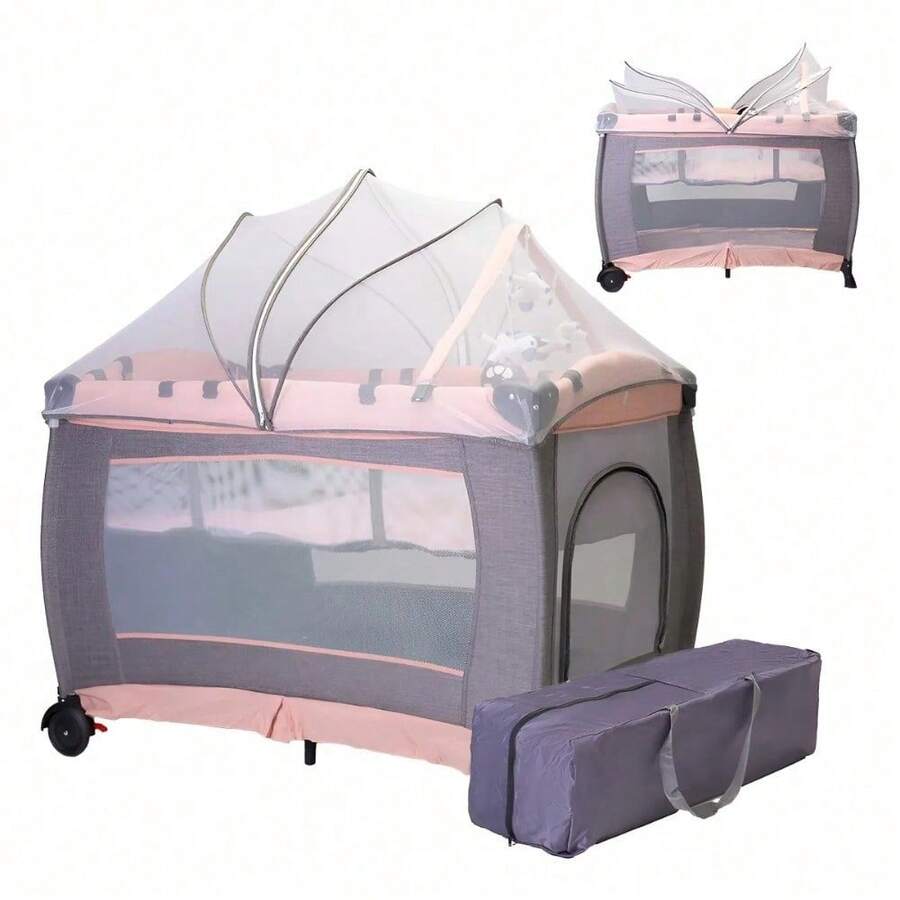 Cuna Corral Bebe Extra Grande Bc003 Cambiador Vibrador - Gris/Rosa - Ver 1