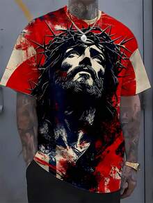 3D数码印花耶稣图片男士T恤，舒适短袖圆领T恤，休闲户外男士短袖上衣，夏季 - 紅色 - 查看 1