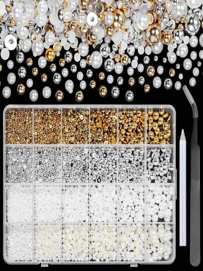 24颗半圆珍珠装饰，6种尺寸：2毫米、3毫米、4毫米、5毫米、6毫米、8毫米，金色、银色、白色、米色，半圆仿珍珠，平底，美甲DIY装饰配件