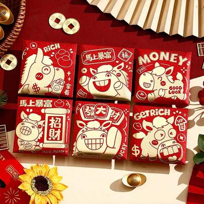 6个中国新年幸运马红包，2026年马年中国新年装饰，6款独特烫金设计，喜庆压岁钱信封，节日纸袋，春节红包，农历新年用品，中国风礼品红包，适用于农历新年、春节、生日、婚礼、派对祝福等场合。