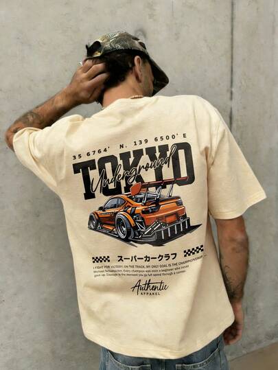 Fractyr Fractyr Men's Fashionable Casual Street Style Loose Short-Sleeved T-Shirt | Racing & English Element Print | Exquisite Design | Spring/Summer Must-Have | Basic Style, Versatile And Easy To Wear, The Best Gift For Friends | Showcase Your Personal Style.