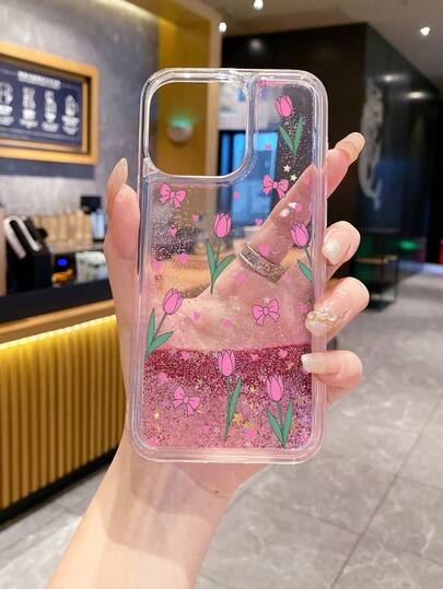 1个软硬组合透明TPU+PC流沙粉色蝴蝶结花卉图案防震手机壳，时尚百搭创意全包手机壳，适合作为礼物送给女朋友、闺蜜、妻子、爱人、家人、老板、情侣、同学、老师、同事，生日、节日皆宜